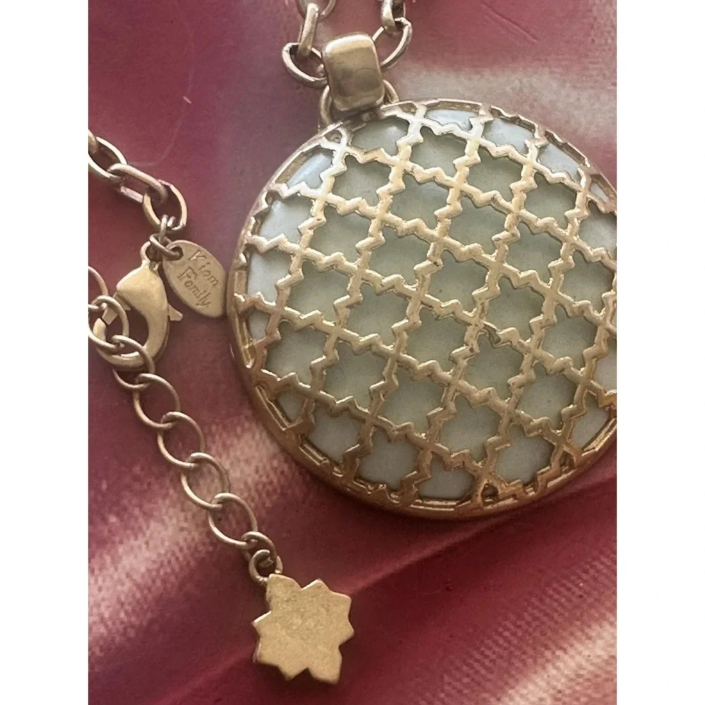 Lia Sophia Kiam Family Necklace Gold Tone Medallion Pendant Green Enamel Lattice
